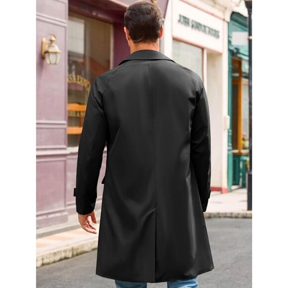 Men's Black Slim-Fit Single-Breasted Trench Coat Long Windbreaker Overcoat - Picture 3 of 5